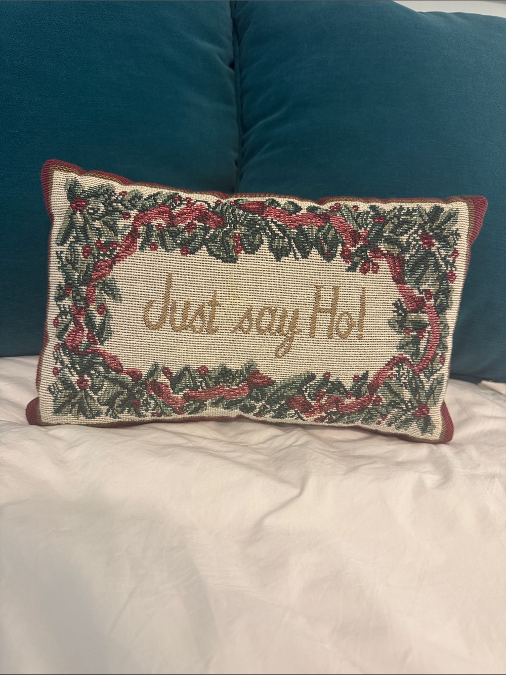 Festive 'Just Say Ho!' Embroidered Holiday Accent Pillow - Cream, Red & Green